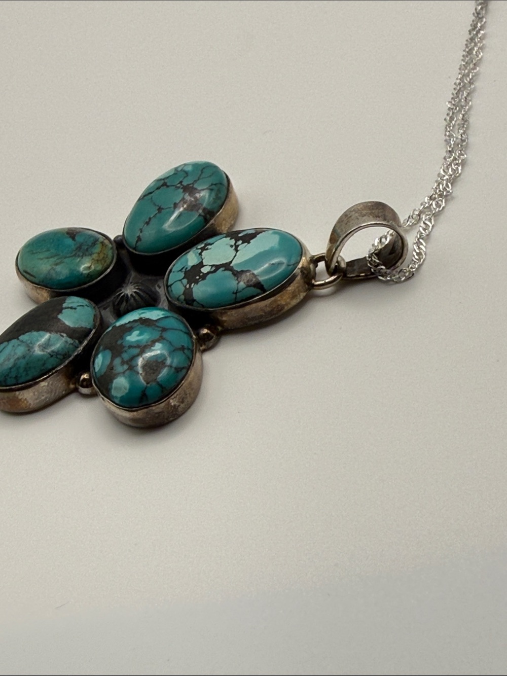 925 Sterling Silver XL Turquoise Flower Pendant Cluster Necklace on 18” Chain - Picture 7 of 7